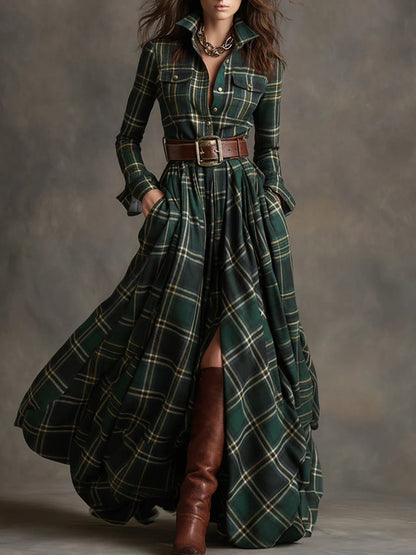BÉATRICE - Belted Check Shirt Maxi Dress