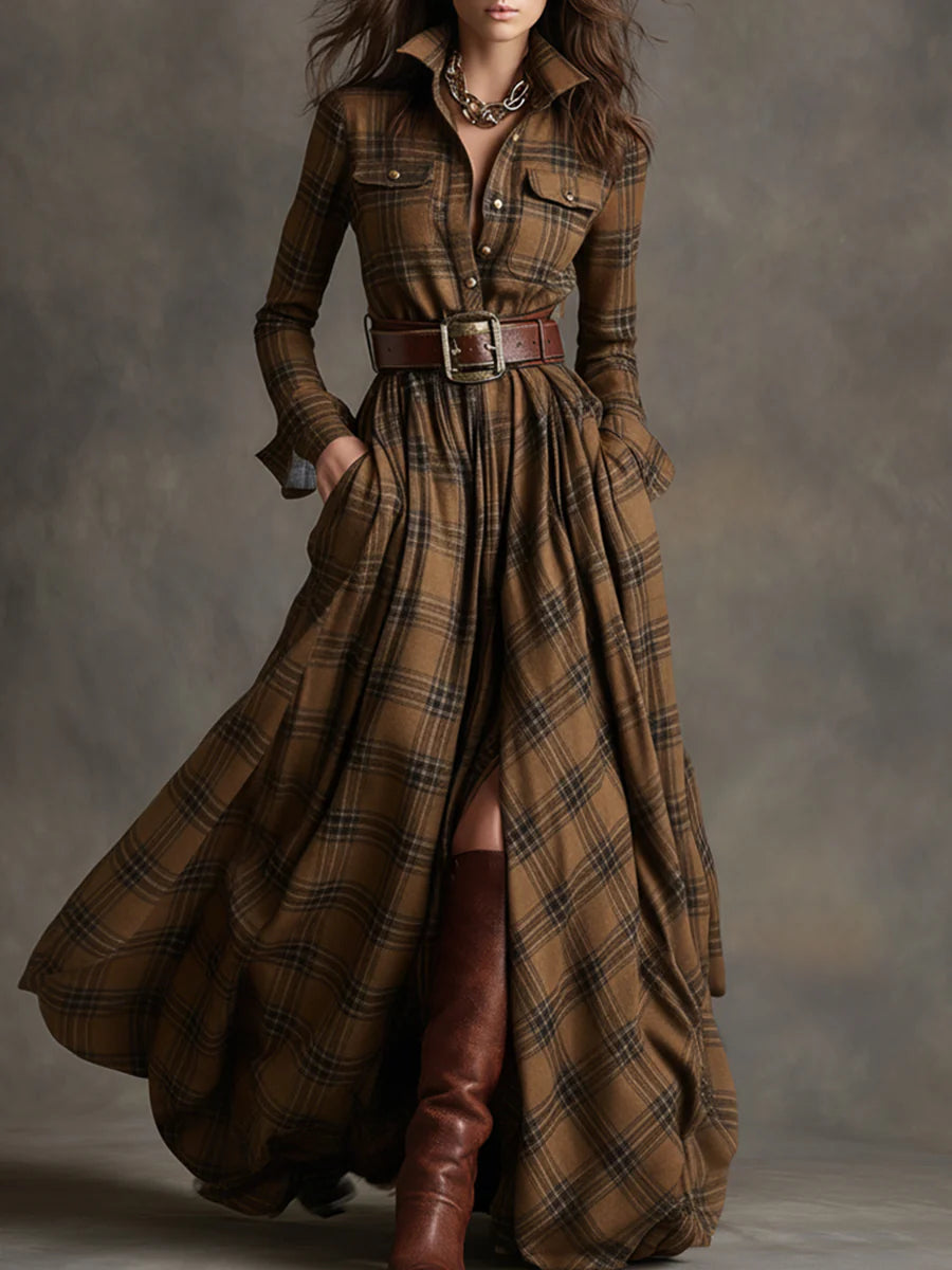 BÉATRICE - Belted Check Shirt Maxi Dress