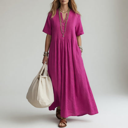 Pélagie™ — Long Cotton Dress with V-Neck for Summer Freedom
