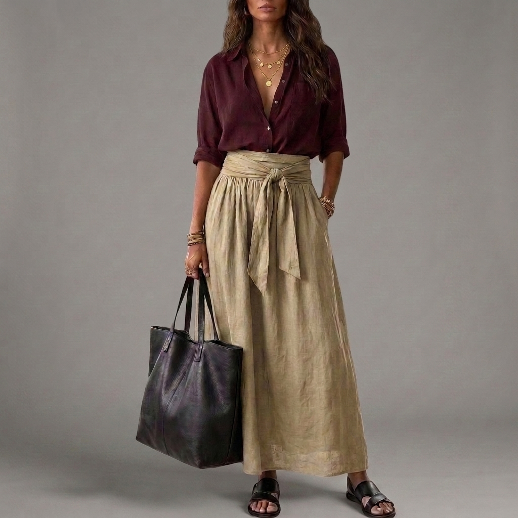 Sahara | Two-Piece Set: Black Top and Olive Green Midi Skirt