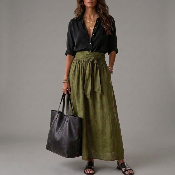 Sahara | Two-Piece Set: Black Top and Olive Green Midi Skirt