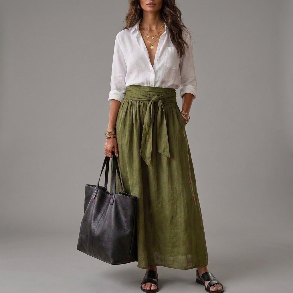 Sahara | Two-Piece Set: Black Top and Olive Green Midi Skirt