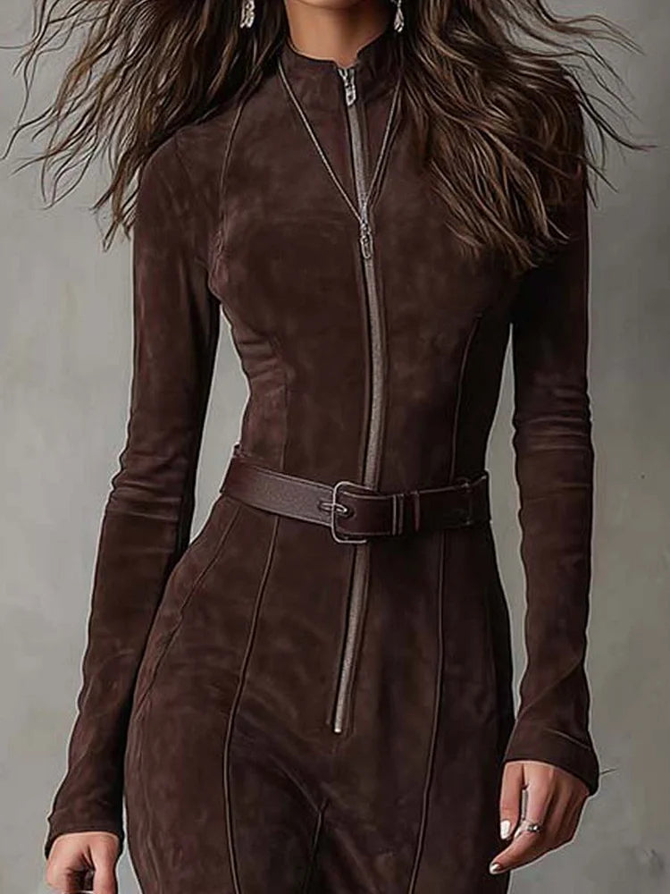 MARCELINE - Belted Brown Maxi Dress