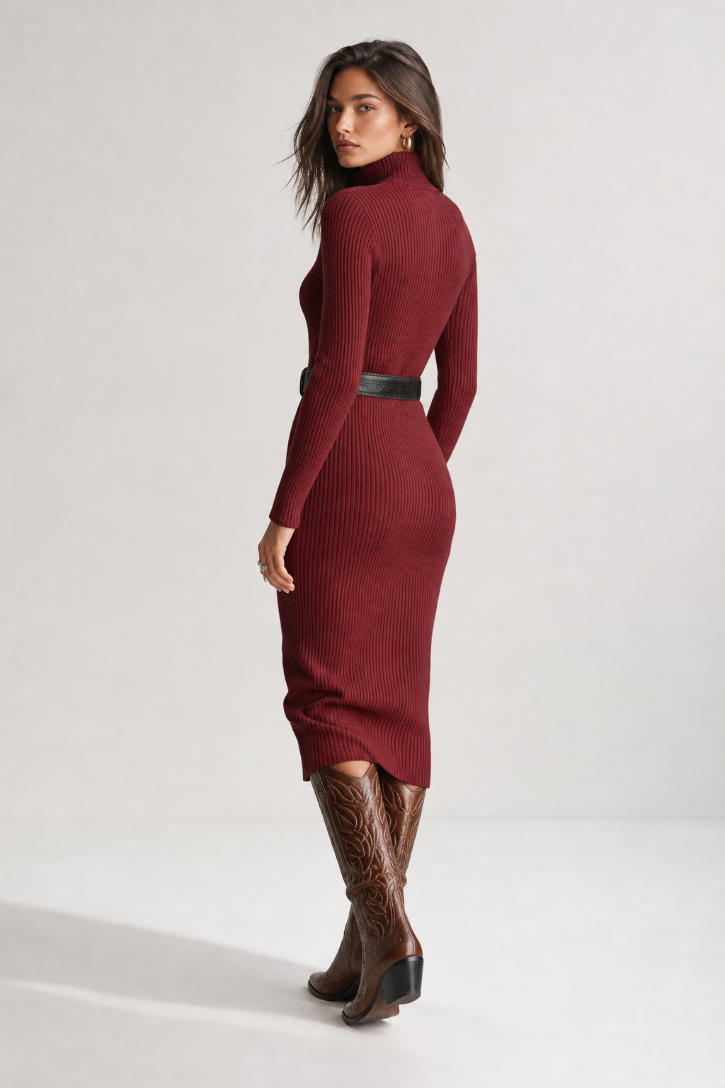 Imogen | Women's Ribbed Knit Midi Dress with Half-Zip Collar and Belt