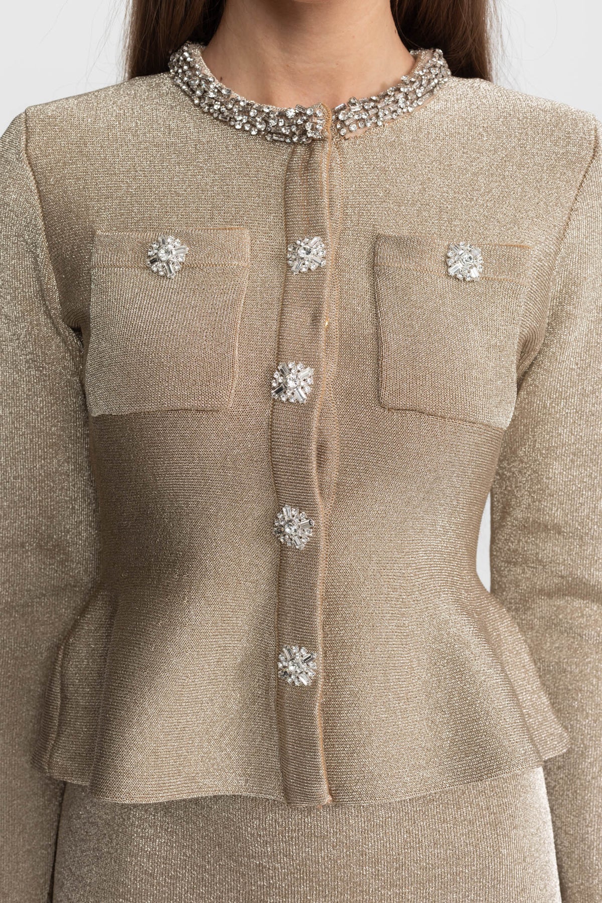 Abigail | Women's Shimmer Knit Peplum Two-Piece Co-Ord with Crystal Detail