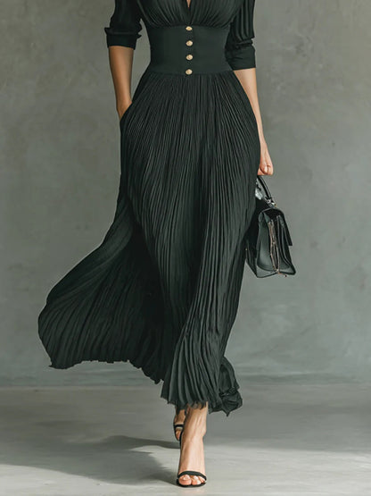 ELVIRE - Belted Pleated Collared Maxi Dress