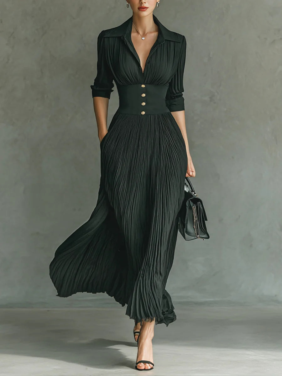 ELVIRE - Belted Pleated Collared Maxi Dress