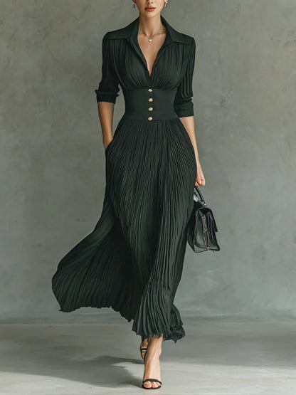 ELVIRE - Belted Pleated Collared Maxi Dress