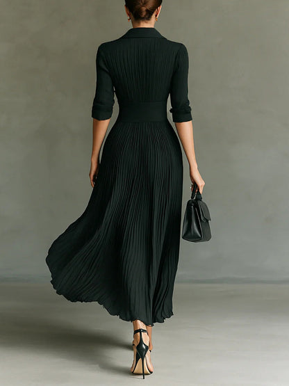 ELVIRE - Belted Pleated Collared Maxi Dress