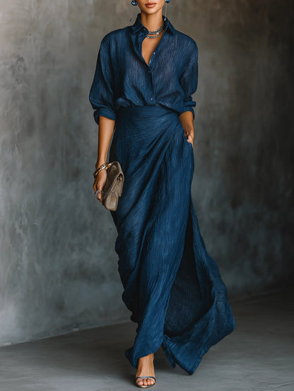 CÉLESTE - V-Neck Shirt and Maxi Skirt Set