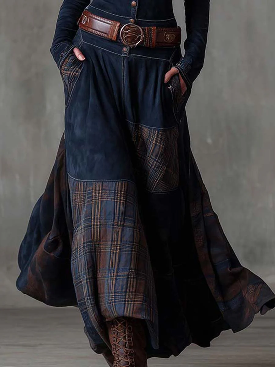 ÉLISE - Check-Panel Patchwork Maxi Dress