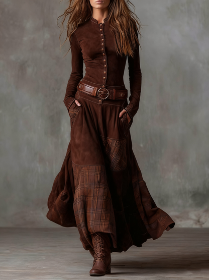 ÉLISE - Check-Panel Patchwork Maxi Dress