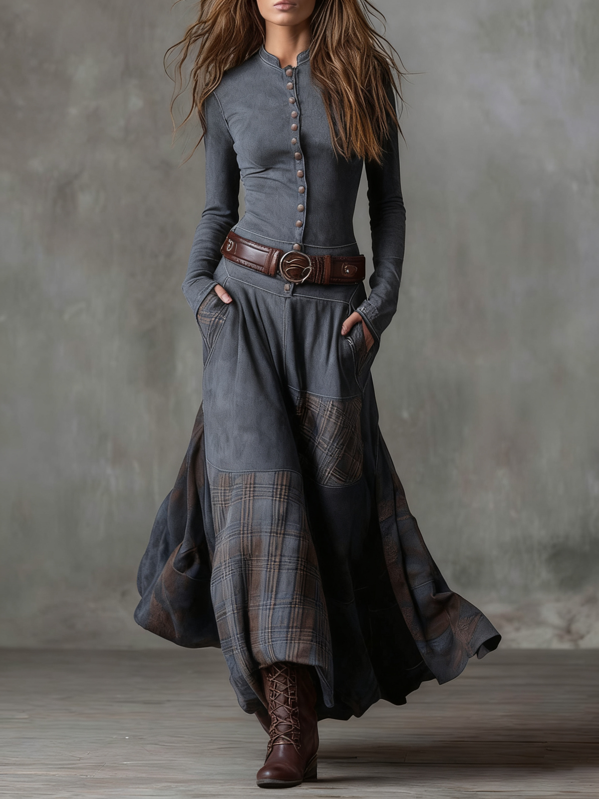ÉLISE - Check-Panel Patchwork Maxi Dress