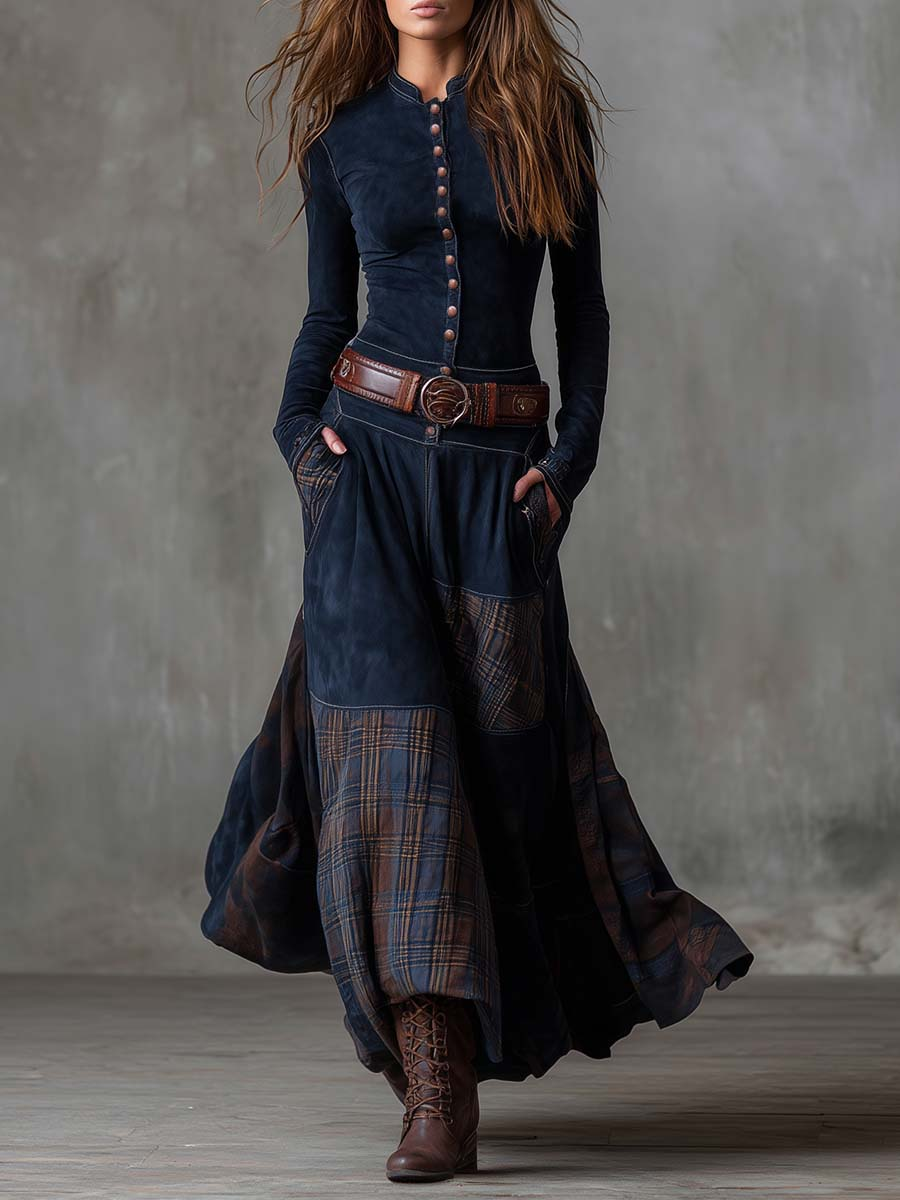 ÉLISE - Check-Panel Patchwork Maxi Dress