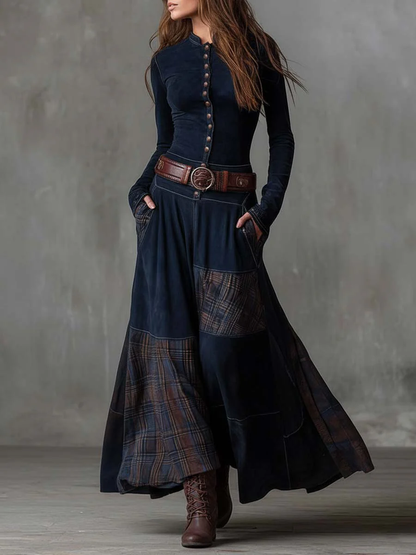 ÉLISE - Check-Panel Patchwork Maxi Dress