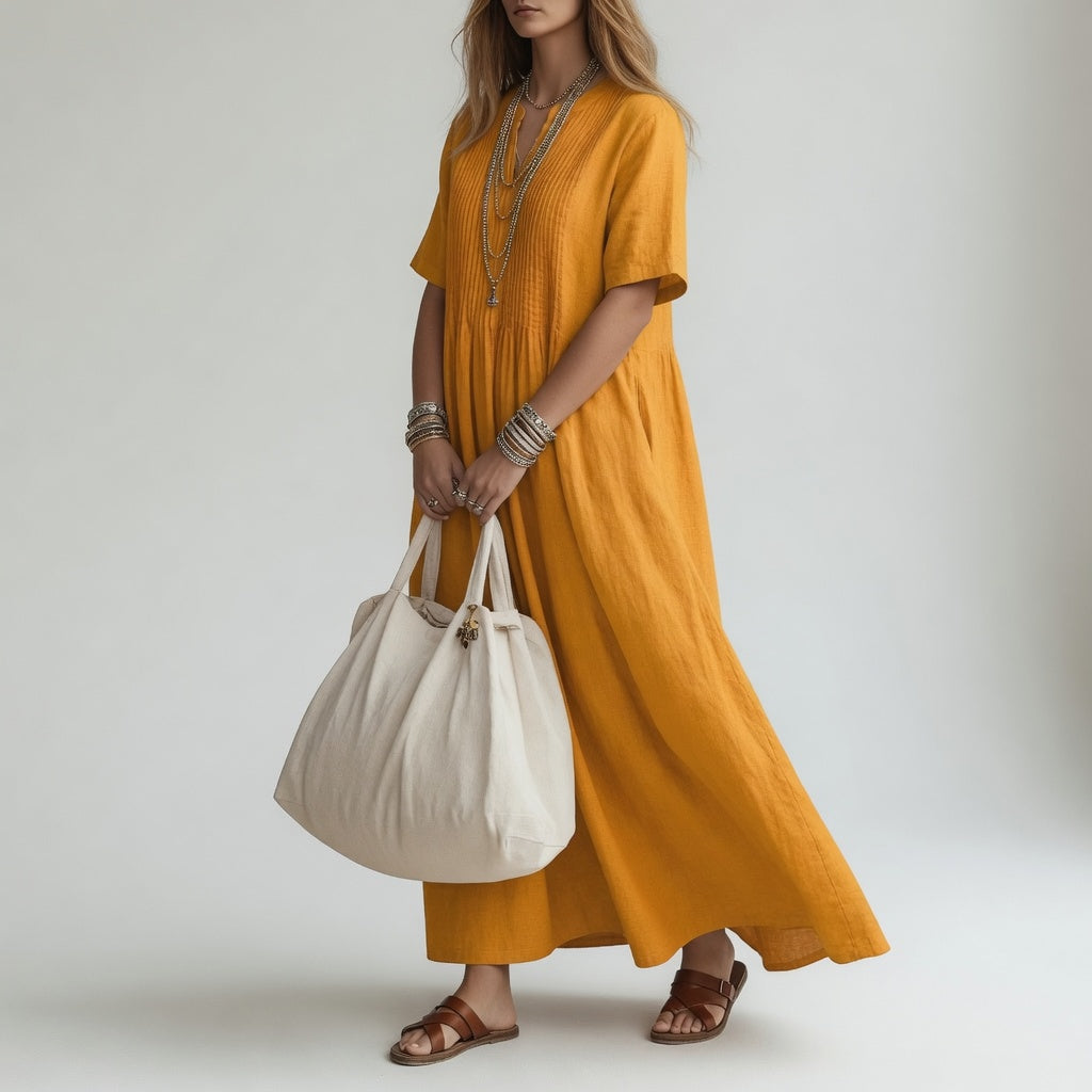 Pélagie™ — Long Cotton Dress with V-Neck for Summer Freedom