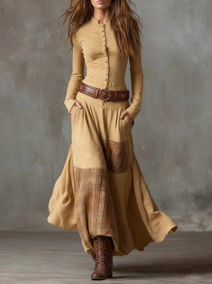 ÉLISE - Check-Panel Patchwork Maxi Dress