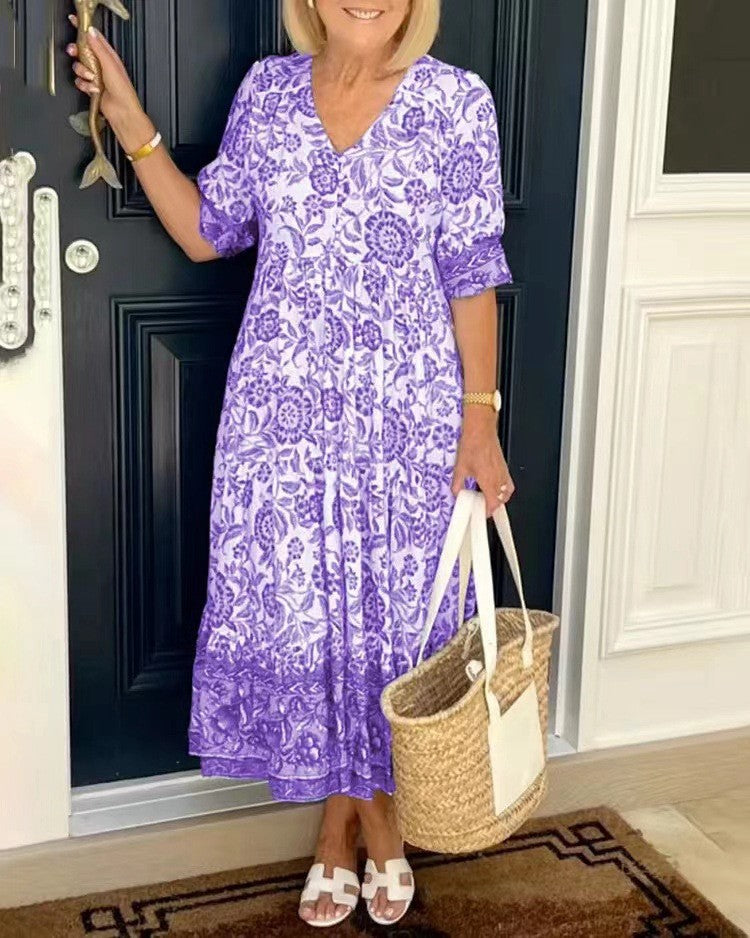 Louanne - Graceful V-Neck Floral Dress