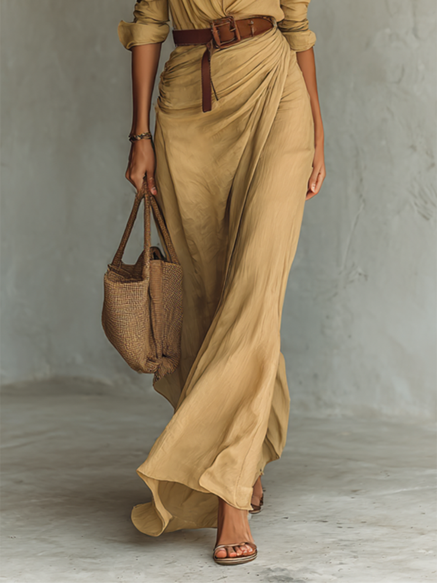 VICTORY - Notched-Collar Flowing Maxi Dress