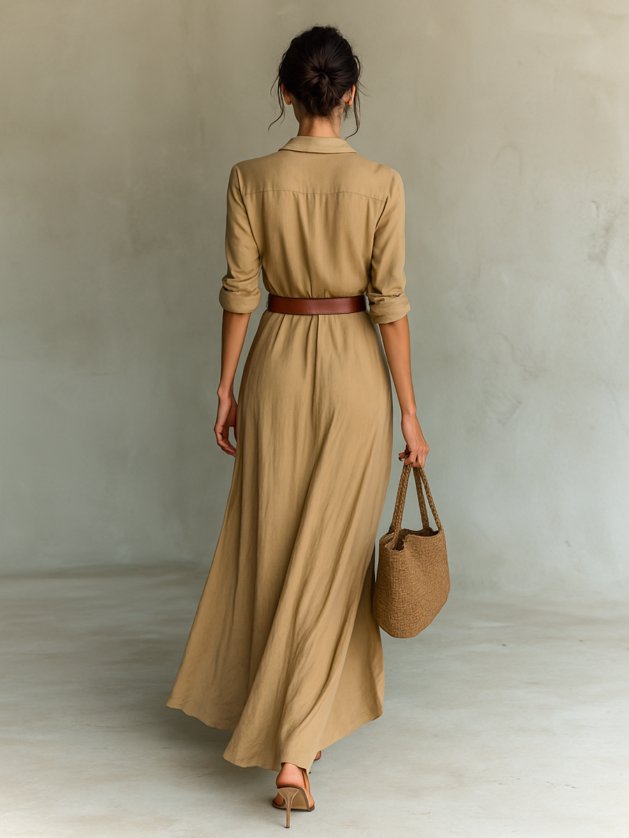 VICTORY - Notched-Collar Flowing Maxi Dress