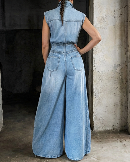 Stella | Cinched Waist Wide Leg Denim Jumpsuit