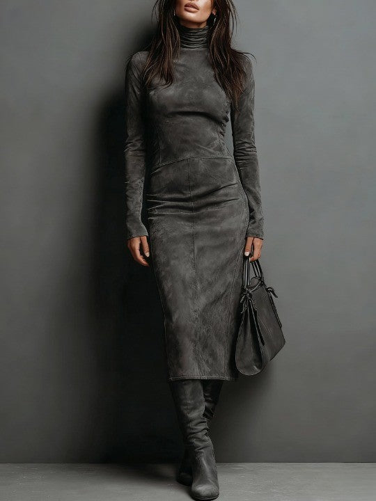 LORÈNE - High-Neck Brown Midi Dress