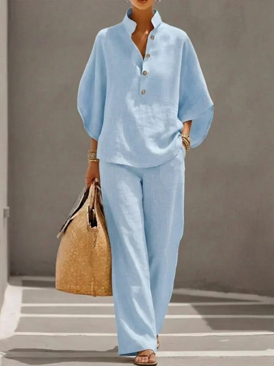 Maribel™ | Linen Co-ord with Batwing Sleeves and Wide Trousers