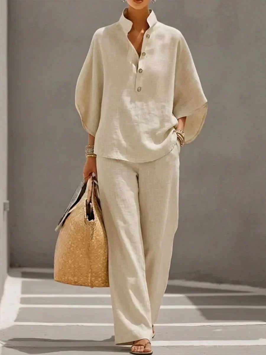Maribel™ | Linen Co-ord with Batwing Sleeves and Wide Trousers
