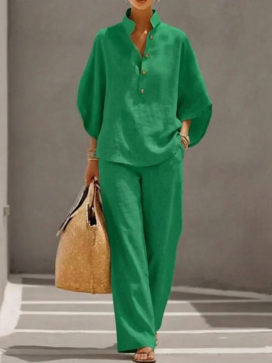 Maribel™ | Linen Co-ord with Batwing Sleeves and Wide Trousers