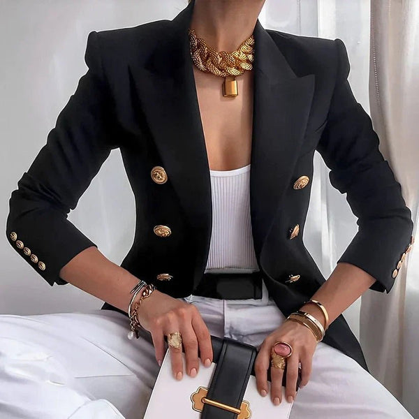 Women's Double-Breasted Blazer with Gold Buttons, Peaked Lapel, Long Sleeves, Slim Fit