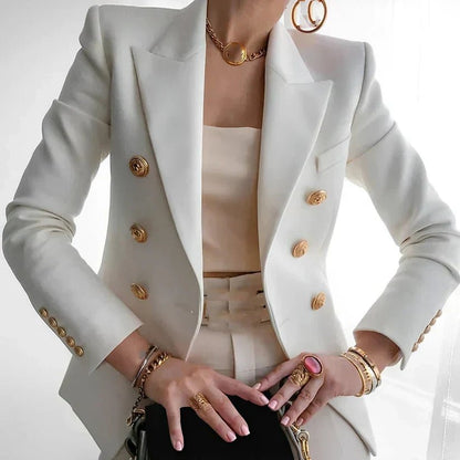 Women's Double-Breasted Blazer with Gold Buttons, Peaked Lapel, Long Sleeves, Slim Fit