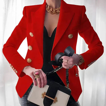 Women's Double-Breasted Blazer with Gold Buttons, Peaked Lapel, Long Sleeves, Slim Fit