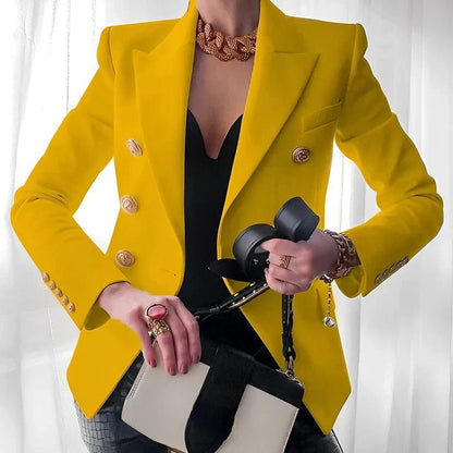 Women's Double-Breasted Blazer with Gold Buttons, Peaked Lapel, Long Sleeves, Slim Fit