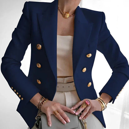 Women's Double-Breasted Blazer with Gold Buttons, Peaked Lapel, Long Sleeves, Slim Fit