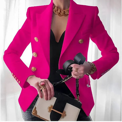 Women's Double-Breasted Blazer with Gold Buttons, Peaked Lapel, Long Sleeves, Slim Fit