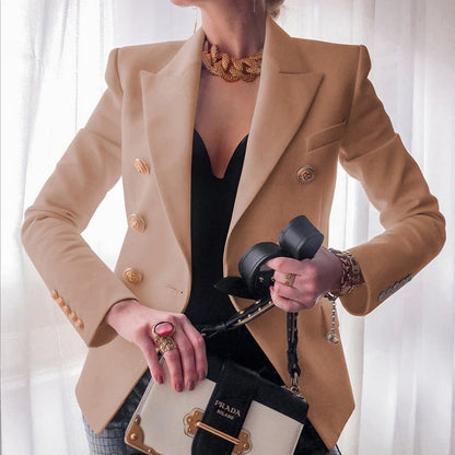 Women's Double-Breasted Blazer with Gold Buttons, Peaked Lapel, Long Sleeves, Slim Fit